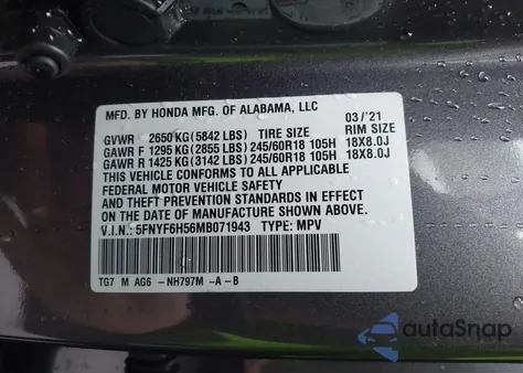 2021 Honda Pilot Awd Ex-L z USA, uszkodzony, nr VIN 5FNYF6H56MB071943